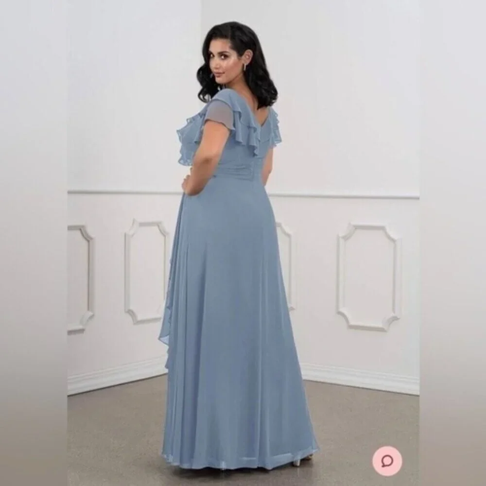 AZAZIE maxi dress A-Line Ruched Chiffon Floor-Length Dress Dusty Blue Size 10 - Picture 5 of 14